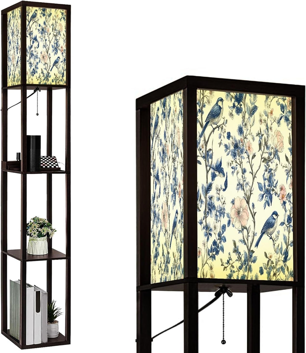 Floor Lamp with Shelves Toile De Jouy Vintage Floral Seamless Pattern 13 Featuring delicate Standing Tall Lamp USB Ports & Power Outlet Modern Corner Lamp Nightstand Light for Living Room Bedroom