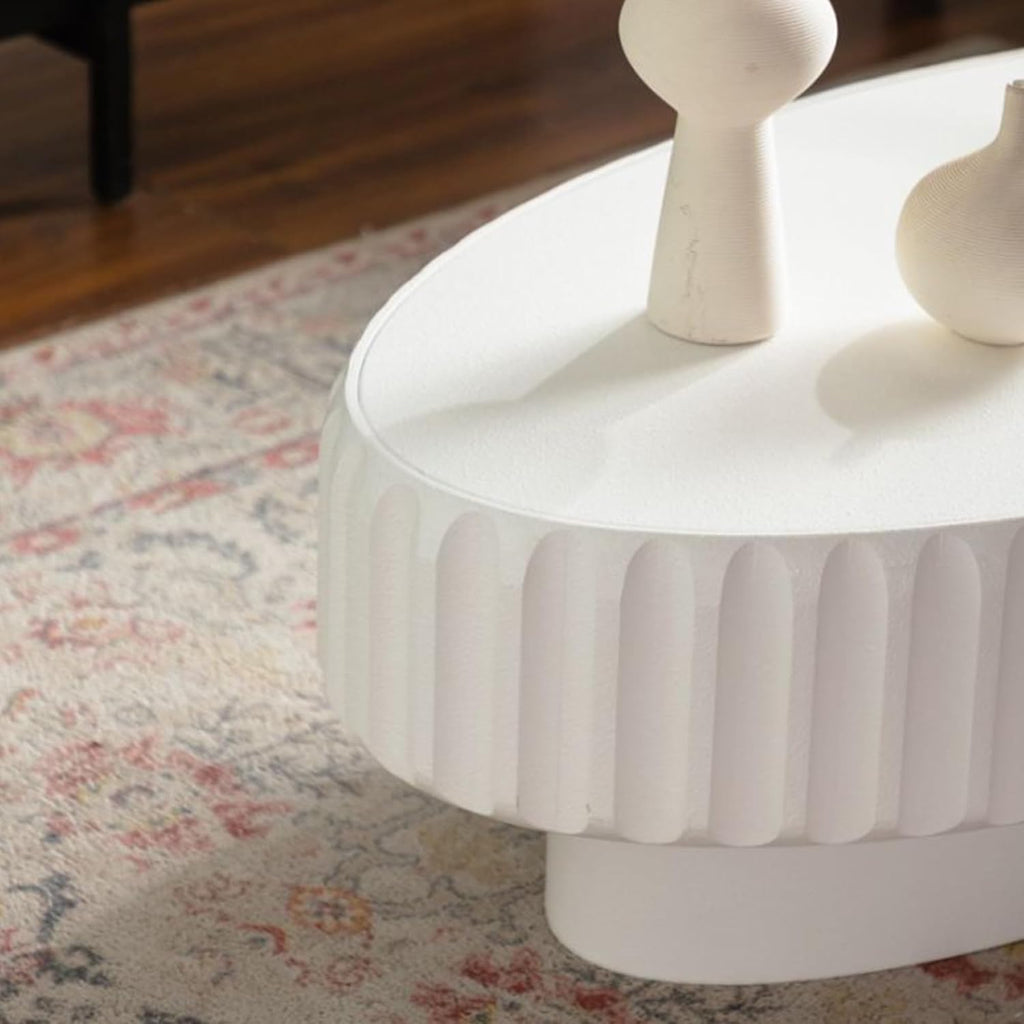 43.31'' White Oval Coffee Table with Storage Space for Living Room, Modern Contemporary Circle Curved Fluted Drum Pedestal Wood Coffee Table, Easy Assembly, White