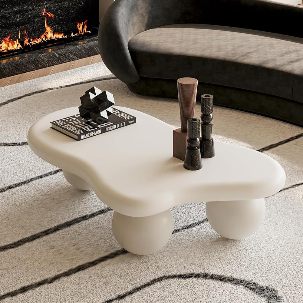 40' Irregular Cloud Coffee Table Asymmetrical Tea Table Low Coffee Table Unique Center Tables with 3 Ball Legs for Living Room Office Apartment Modern Furniture Cream White