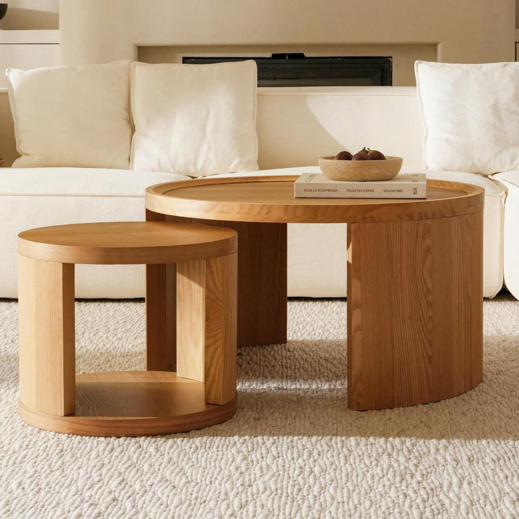 Round Nesting Coffee Table Set of 2, Brown Coffee Table, 31.5' Large & 18' Small Low Tables with Wood Top, Center Table for Living Room, Bedroom, Minimalist Center Table Set