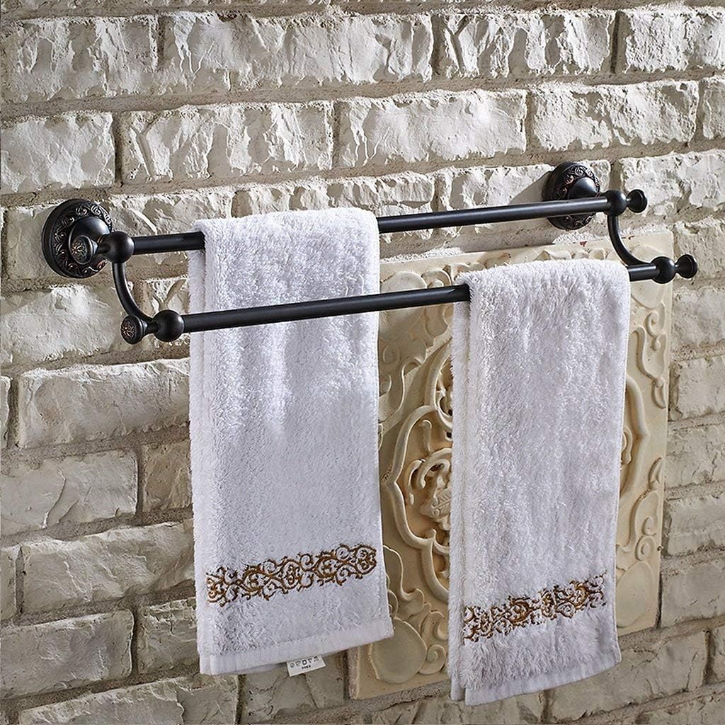 Double Brass Towel Bar Wall Mounted Oil Rubbed Bronze 24 inch Towel Rail W/Carved Base Brushed Finish for Bathroom Towel Rack