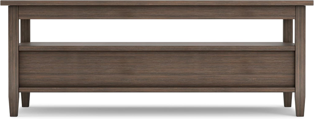 SIMPLIHOME Warm Shaker Coffee Table - 48 inch Wide Solid Wood Coffee Table in Farmhouse Brown, Transitional Living Room Table with 2 Drawers, Open Shelf, Shaker Fronts and Tapered Legs