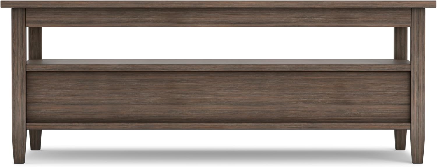 SIMPLIHOME Warm Shaker Coffee Table - 48 inch Wide Solid Wood Coffee Table in Farmhouse Brown, Transitional Living Room Table with 2 Drawers, Open Shelf, Shaker Fronts and Tapered Legs