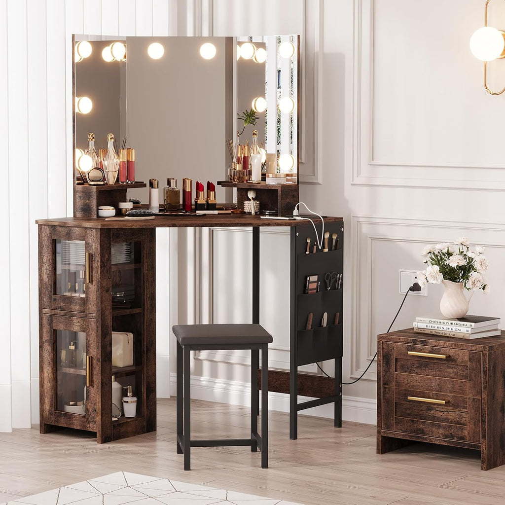 IDEALHOUSE Vanity Desk with Mirror and Lights, 3-Fold Vanity Mirror with Lights Makeup Vanity with Charging Station, Corner Vanity with Acrylic Door Cabinet, Hanging Storage Bag & Stool, Tigerwood