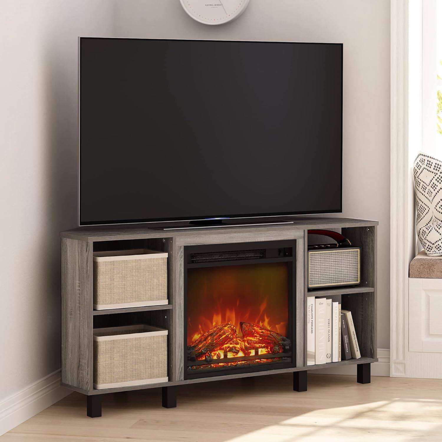 HomeStock Electric Fireplace TV Stand - Corner Entertainment Center for TVs up to 55 Inch French Oak Grey/Corner with Legs