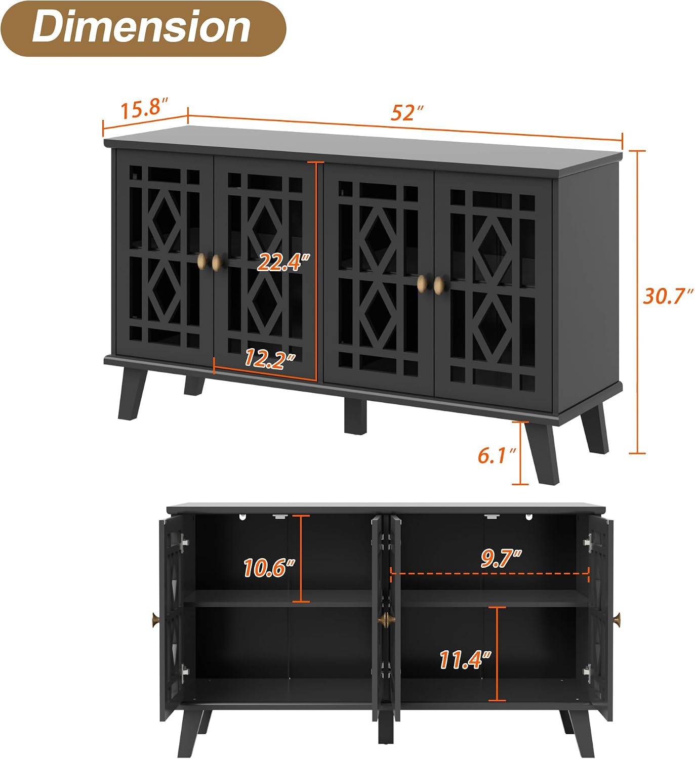 Scurrty 52' Buffet Cabinet with Storage,Sideboard with 4 Doors, Skeletonized Coffee Bar with Storage, Sideboard Cabinet for Dinning Room, Kitchen & Living Room (Black)