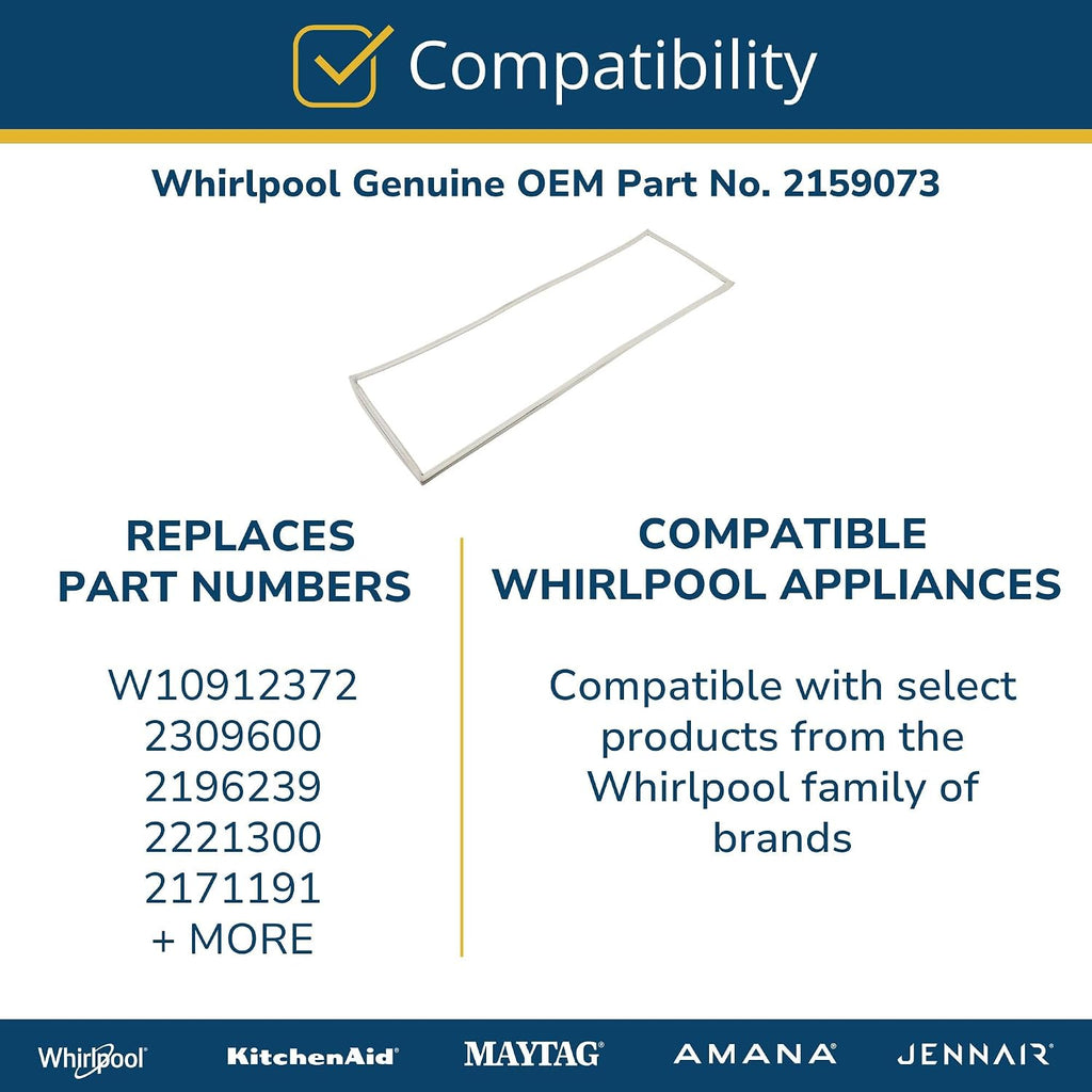 Whirlpool 2159073 Genuine OEM Refrigerator Door Gasket Replacement Part - Replaces W10912372, 2309600, 2196239, 2221300, 2171191, 2181887, and 2177288
