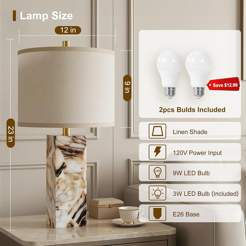 Scenekoy 23' Modern Alabaster Table Lamps Set of 2 with Night Light for Bedroom, Rotary Switch, Bedside Lamp with Linen Shade, Brown Table Lamp for Living Room Nightstand Office (Bulb Included)