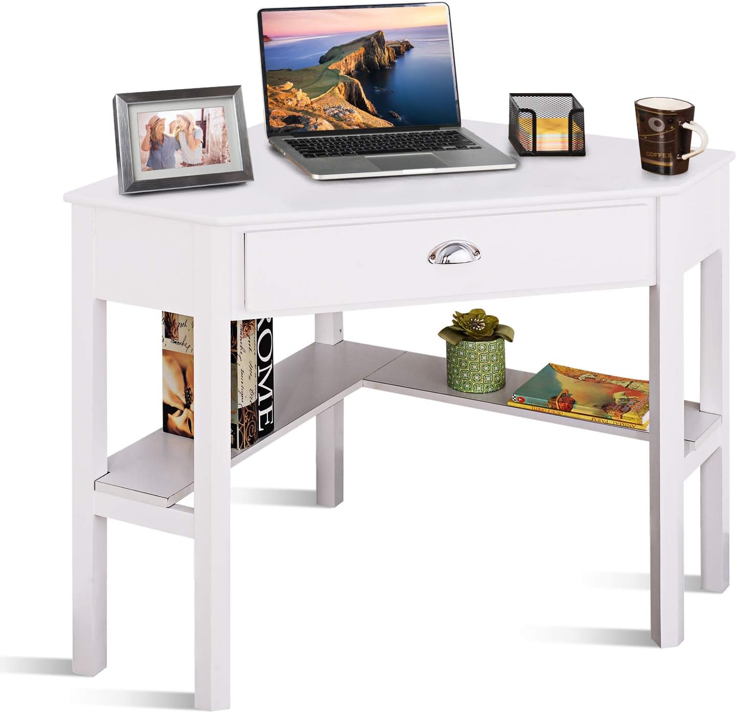 POWERSTONE Corner Desk for Small Space Triangle Computer Writing Desk Corner Makeup Vanity Table with Storage Drawer & Shelf for Home Office, Workstation, Living Room, Bedroom,White