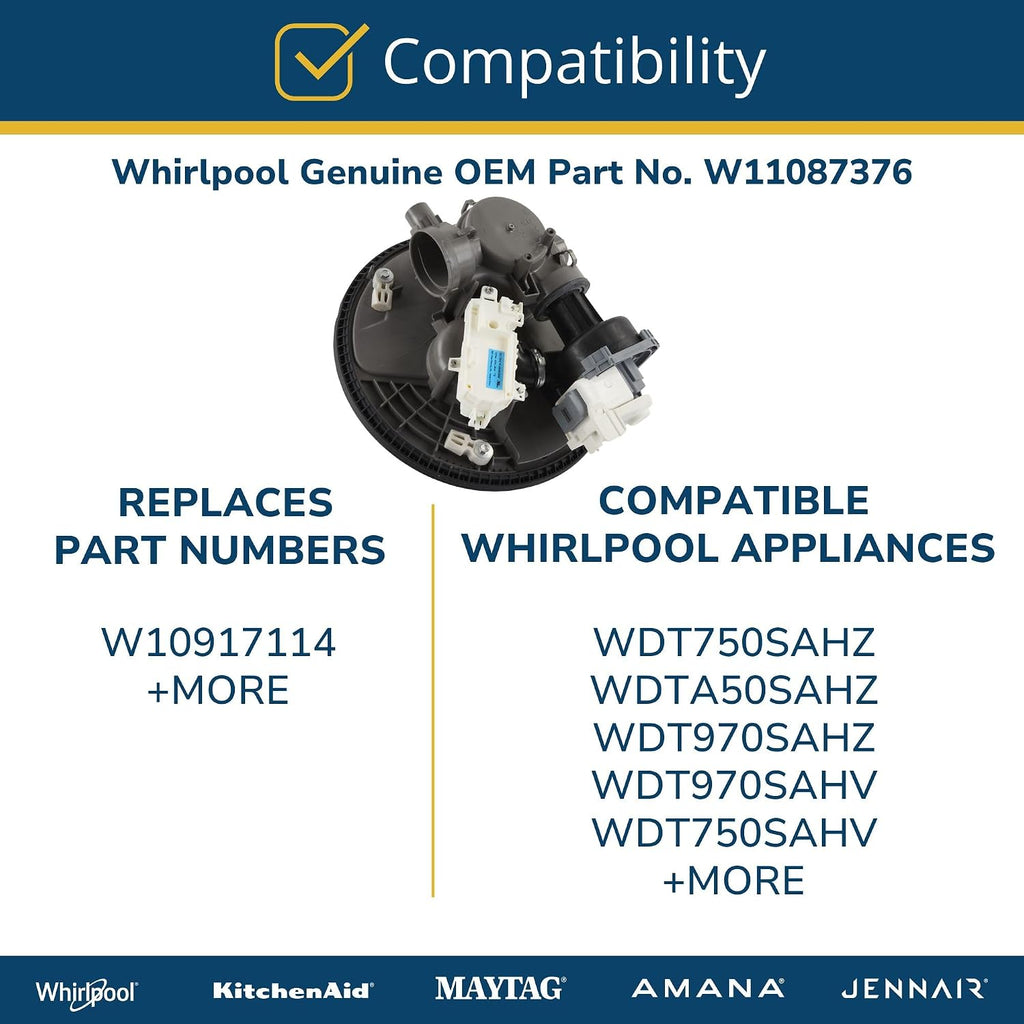 Whirlpool W11087376 Genuine OEM Dishwasher Pump and Motor Assembly Replacement Part - Replaces W10917114