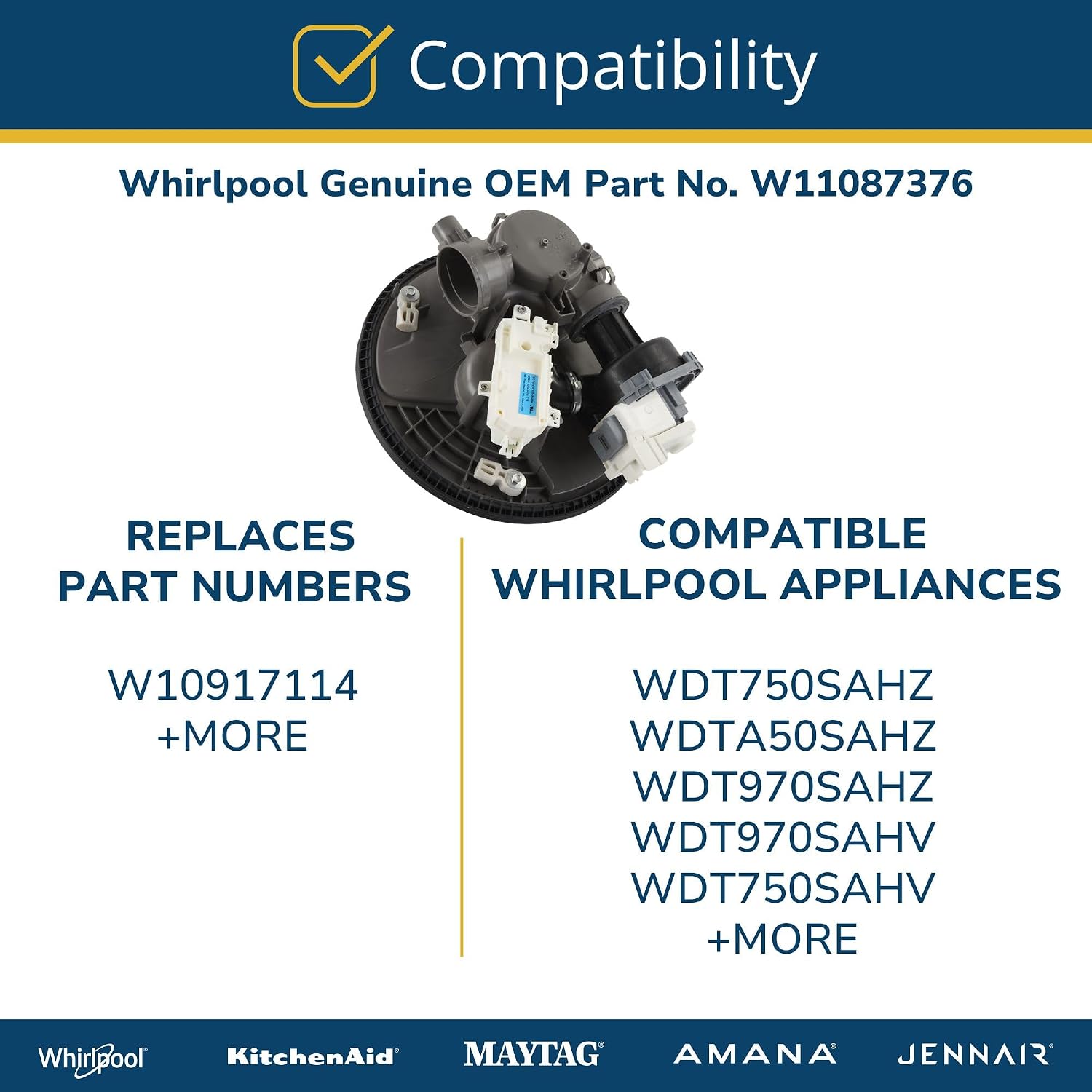 Whirlpool W11087376 Genuine OEM Dishwasher Pump and Motor Assembly Replacement Part - Replaces W10917114