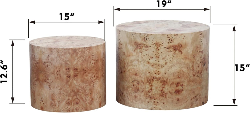 Nesting Coffee Table Set of 2, Modern Round Coffee Table, Wooden Circle Accent Tables for Small Spaces Living Room Bedroom Balcony Office Drum Side Table, Natural Burl