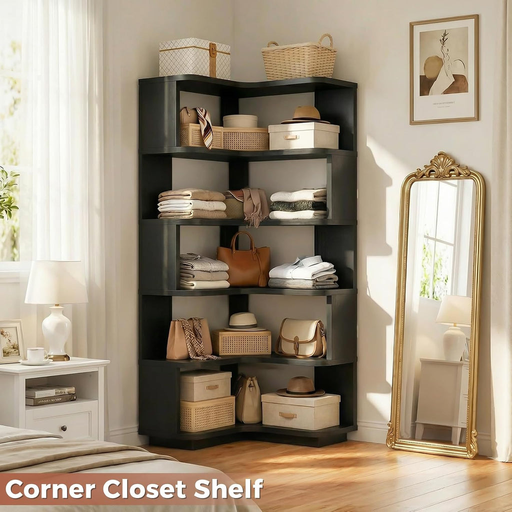 Besiost Corner Book Shelf, 6-Shelf Corner Bookshelf for Small Corner Spaces, L-Shape Bookcase Corner Display Shelf for Home Office, Living Room, Bedroom, Black