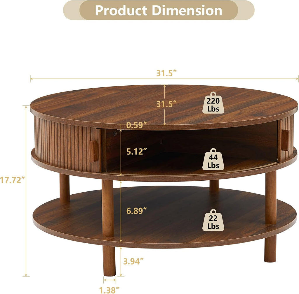 RARZOE 31.5' Round Coffee Table with Storage, Wood Circle Coffee Table with Sliding Cabinet Doors, Fluted Dining Table Accent Center Table for Living Room Home Office Apartment, Walnut
