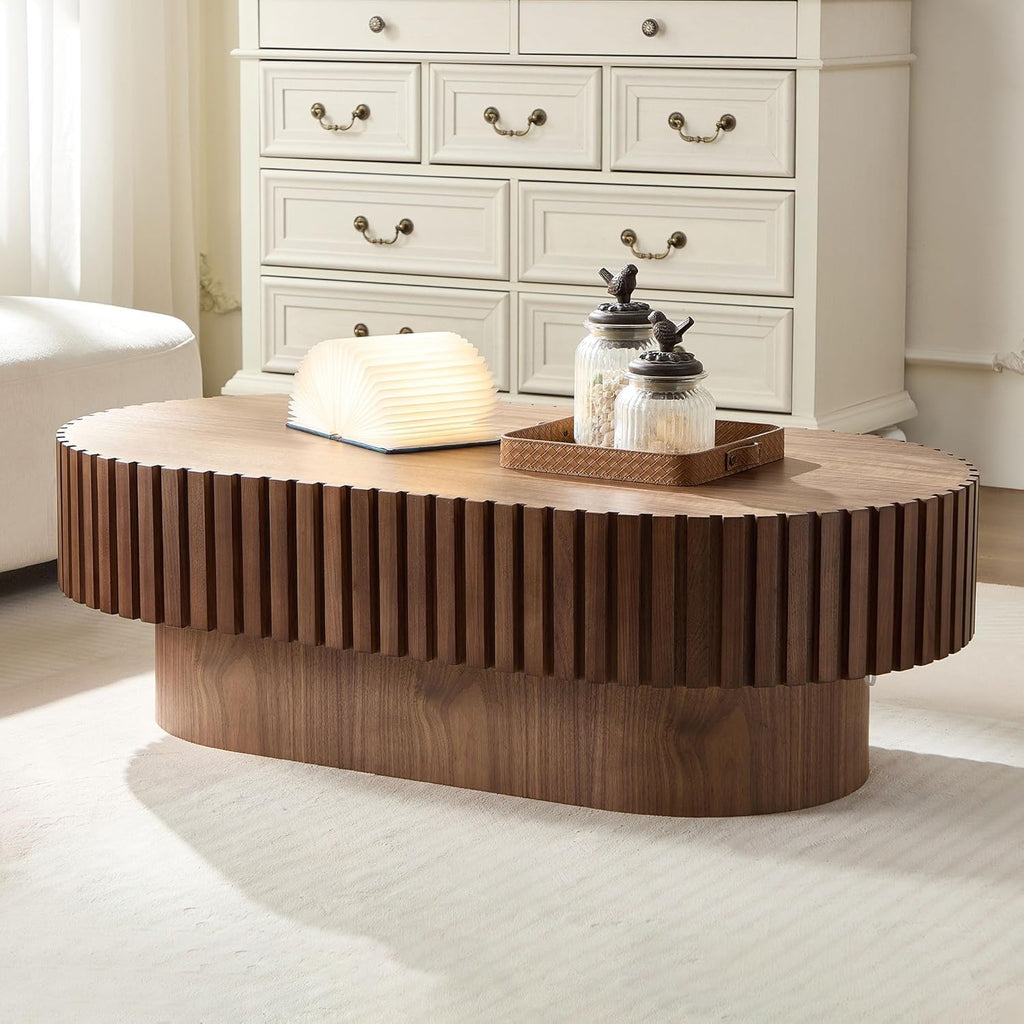 Oval Coffee Table for Living Room Fluted Coffee Table Mid Century Modern Center Table Wood Tea Table with Pedestal Home Furniture Office Apartment Easy Assembly 43.7' Walnut