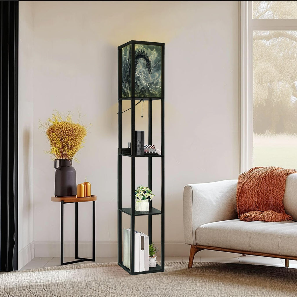 Floor Lamp with Shelves Dragon Shaped Crag Ruined Fortress Monochromatic Art Standing Tall Lamp USB Ports & Power Outlet Modern Corner Lamp Nightstand Light for Living Room Bedroom