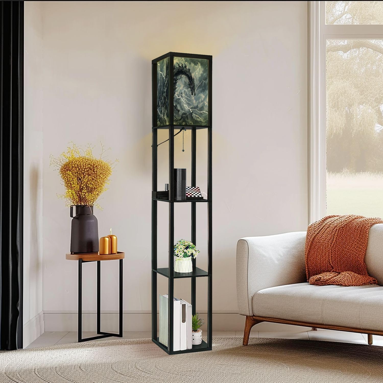 Floor Lamp with Shelves Dragon Shaped Crag Ruined Fortress Monochromatic Art Standing Tall Lamp USB Ports & Power Outlet Modern Corner Lamp Nightstand Light for Living Room Bedroom