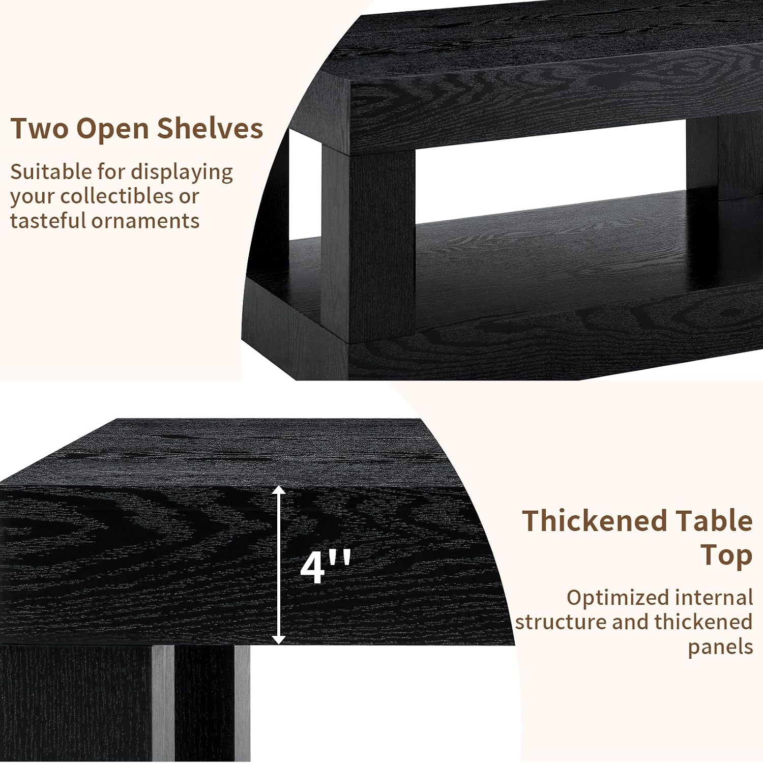 LKTART 39.37' Coffee Table with Storage, 2-Tier Mid Century Rectangular Accent Table with Thick Tabletop, Rustic Style Cocktail, Center Table for Living Room, Office, Apartment (Black)