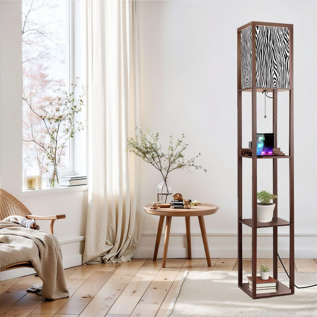 Floor Lamp with Shelves Zebra Print Pattern Standing Tall Lamp USB Ports & Power Outlet Modern Corner Lamp Nightstand Light for Living Room Bedroom