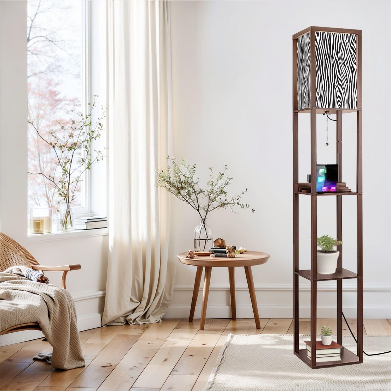 Floor Lamp with Shelves Zebra Print Pattern Standing Tall Lamp USB Ports & Power Outlet Modern Corner Lamp Nightstand Light for Living Room Bedroom
