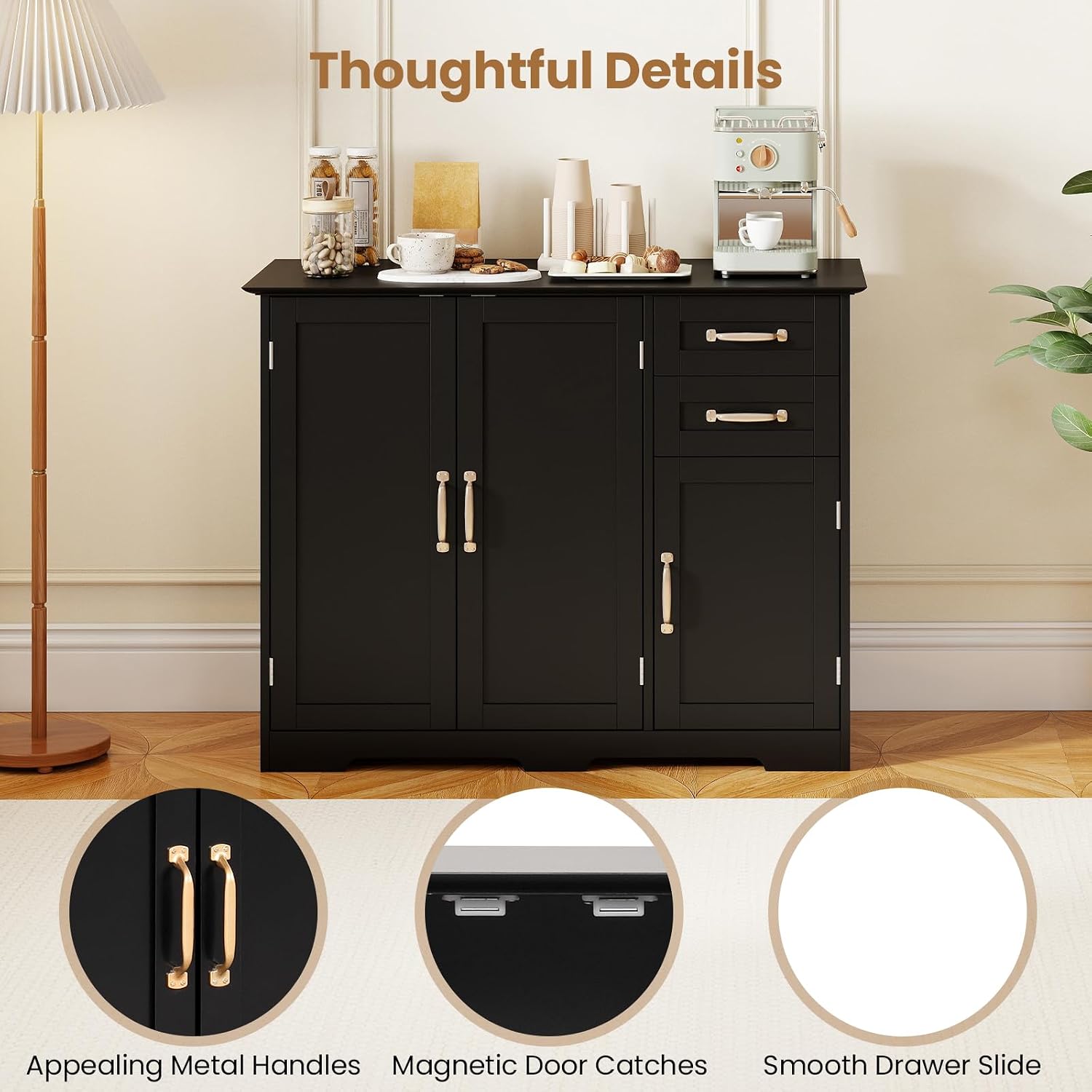 Giantex Sideboard Buffet Cabinet, Modern Sideboard Cabinet with 2 Drawers, 3 Doors & Adjustable Shelf, Wooden Coffee Station, 40'' Storage Buffet Table for Kitchen, Living Room, Entryway, Black