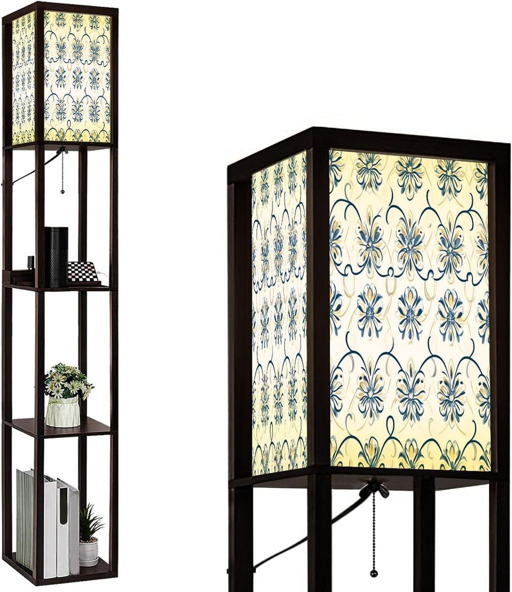 Floor Lamp with Shelves Blue yellow luxury seamless pattern Ornament Traditional Ethnic Standing Tall Lamp USB Ports & Power Outlet Modern Corner Lamp Nightstand Light for Living Room Bedroom