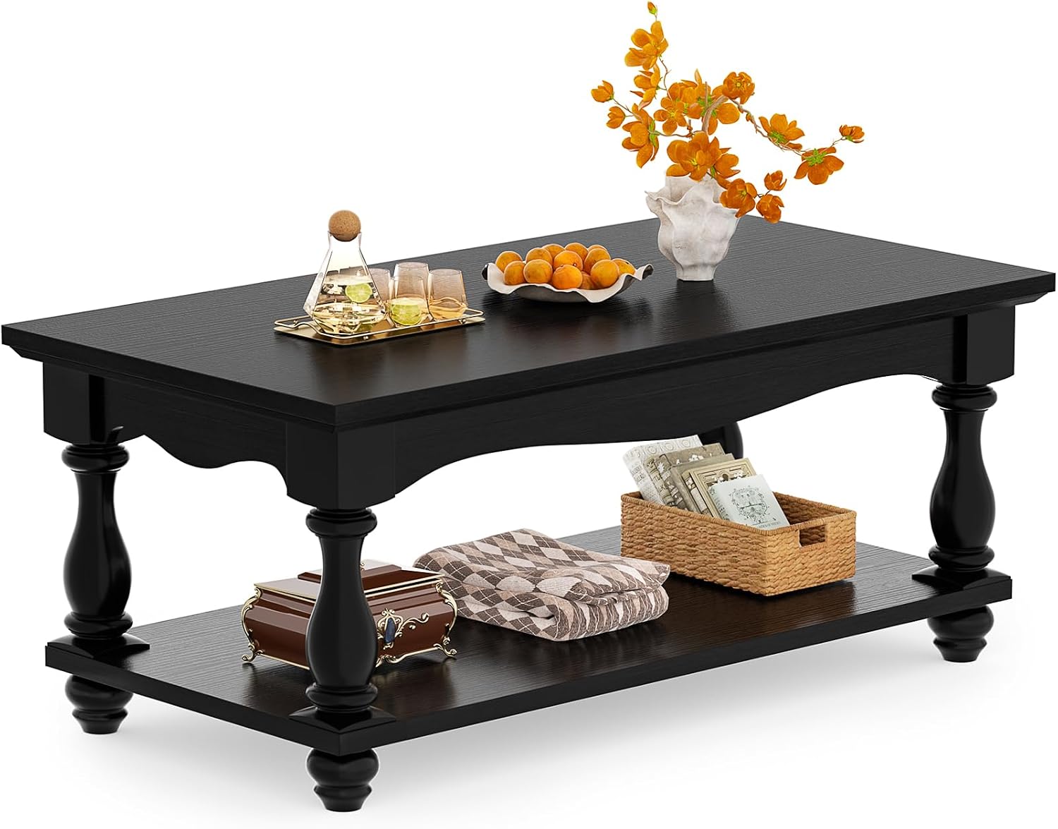 Besiost Farmhouse Coffee Table with Storage, Mid Century Coffee Tables for Living Room, 47 inch Modern 2-Tier Black Coffee Table