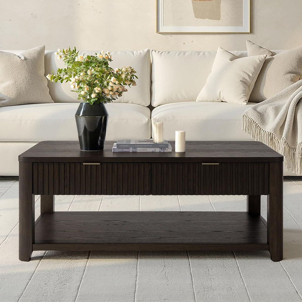 HULALA HOME Modern Fluted Coffee Table with Storage, Wood Oak Veneer Coffee Table with Wide Tabletop, 2 Drawers and Lower Shelf for Living Room, Easy Assembly, Black