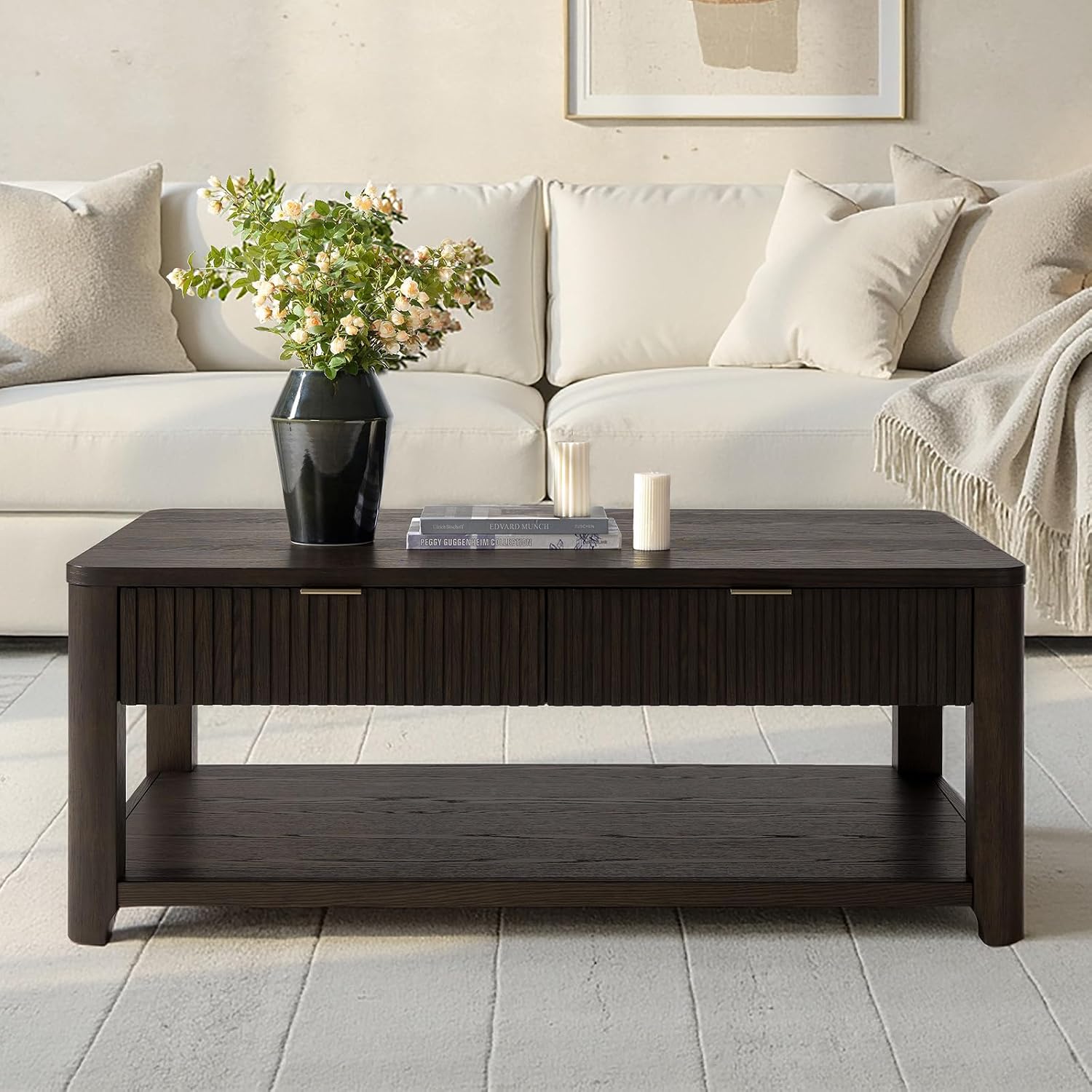 HULALA HOME Modern Fluted Coffee Table with Storage, Wood Oak Veneer Coffee Table with Wide Tabletop, 2 Drawers and Lower Shelf for Living Room, Easy Assembly, Black
