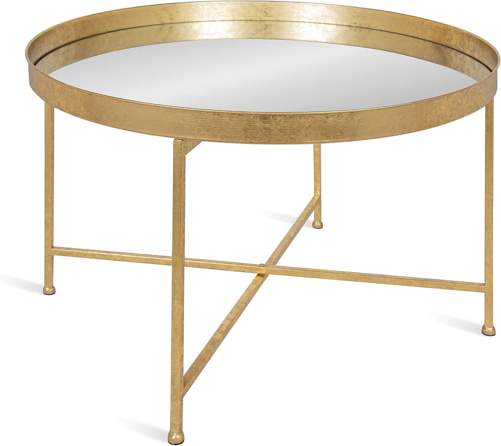 Kate and Laurel Celia Metal Foldable Round Accent Coffee Table, 28.25' x 28.25' x 19', Mirrored Surface and Gold Frame, Modern Minimalist Design and Detachable Magnetic Tabletop