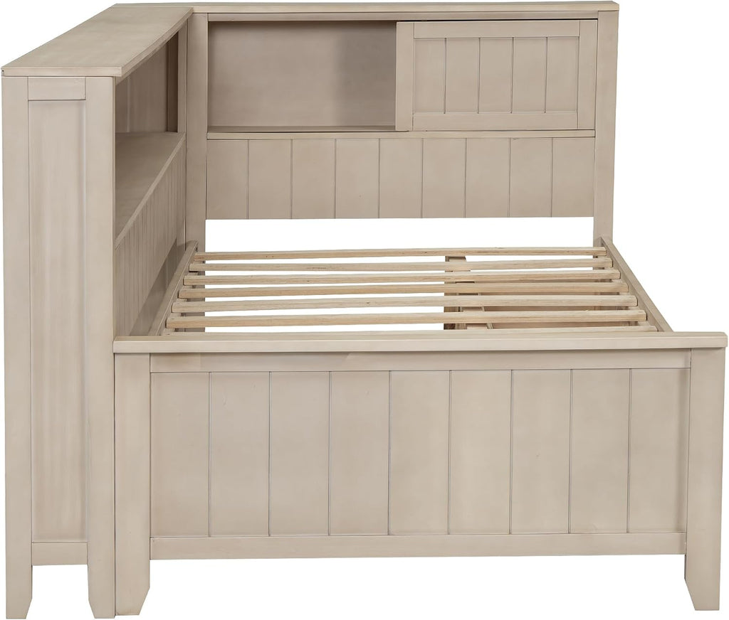 RuiSiSi Twin Daybed with Storage Drawers, Wood Twin Size Corner Bed Frame with Storage Shelves and Headboard, White Milk