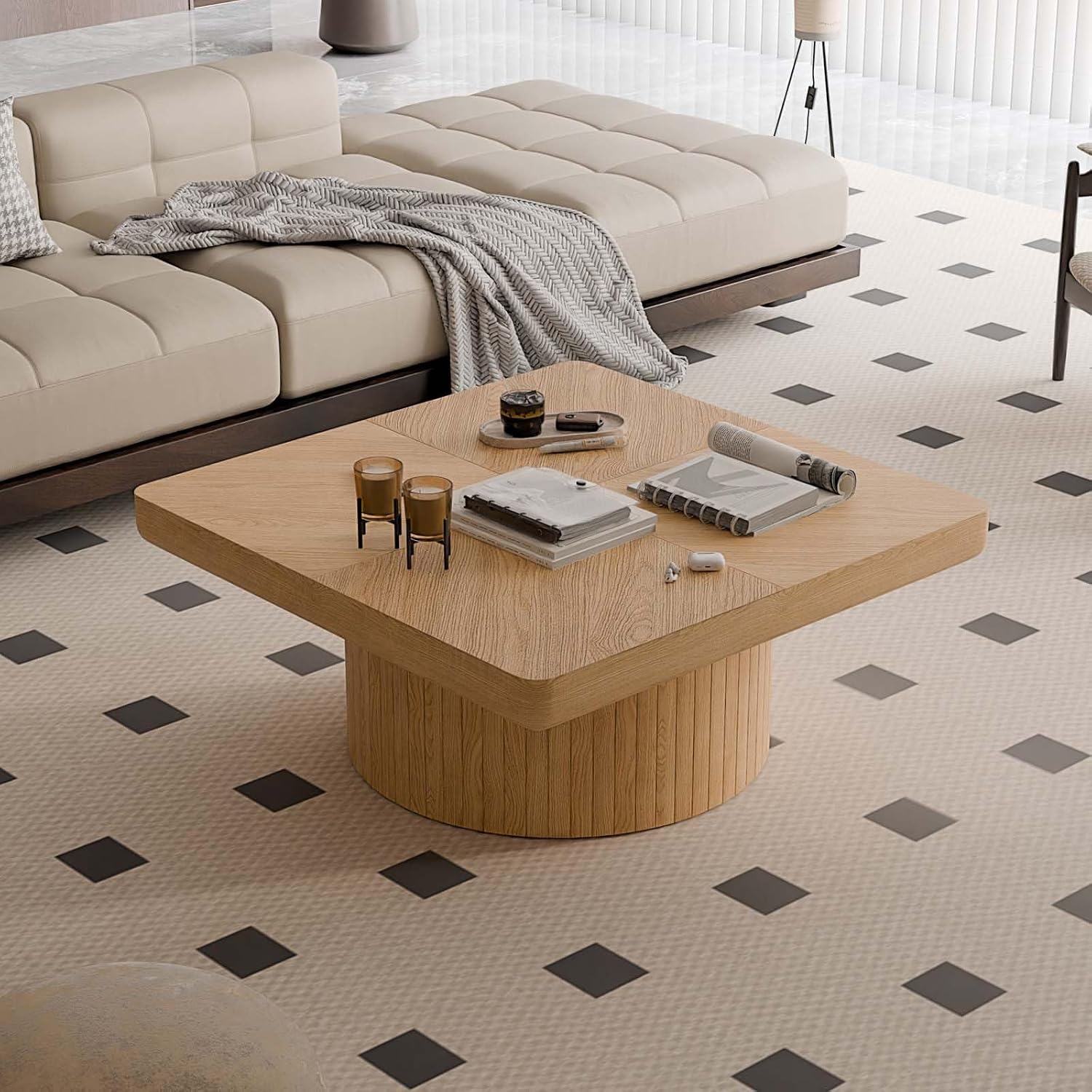 Modern Square Coffee Table with Cylindrical Base, Wood Coffee Table with Parquet Pattern & Thickened Tabletop, Center Table Tea Table for Living Room Apartment, 34.6''L×34.6''W×14.9''H, Natural