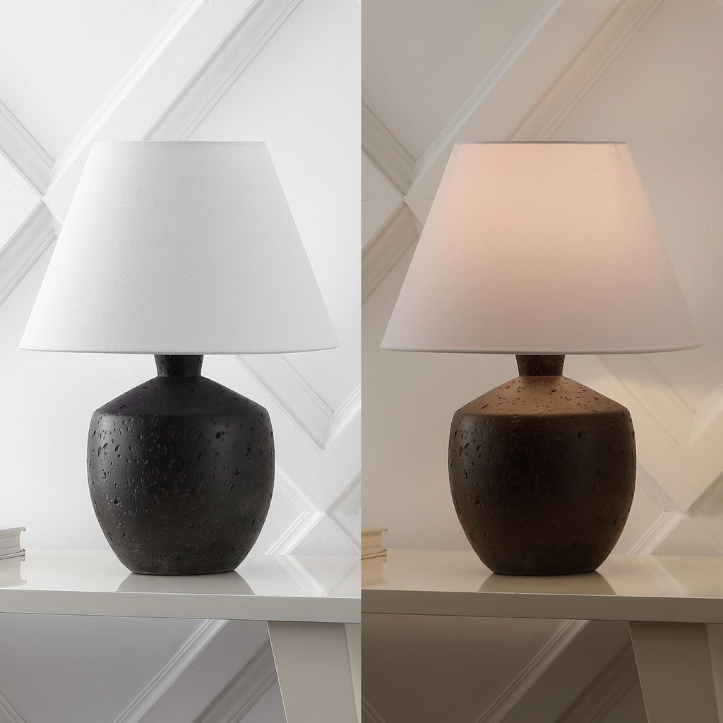 JONATHAN Y 18' Black Modern Concrete Effect Table Lamp Set of 2, Scandinavian Bedside Lamps for Bedroom Living Room, White Linen Shade, LED Bulbs Included (JYL5606B-SET2)