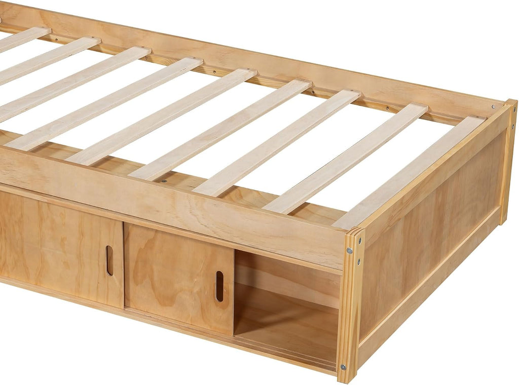 RuiSiSi Twin L-Shaped Bed with Trundle, LED Light & Storage Cabinets, Corner Bed with Frame Desk and Shelves for 3 Kids, Wood L-Shaped Platform Bed with Bookcase, Natural