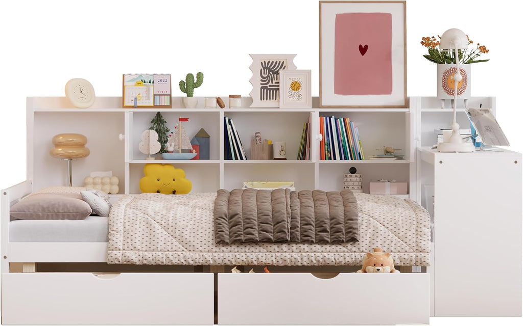 Mirightone Full Bed Frames with Storage, L-Shaped Corner Beds with Desk, Wood Daybed with Bookcase, Platform Beds with Drawers and Shelves for Living Room, Bedroom, Teens Room, White