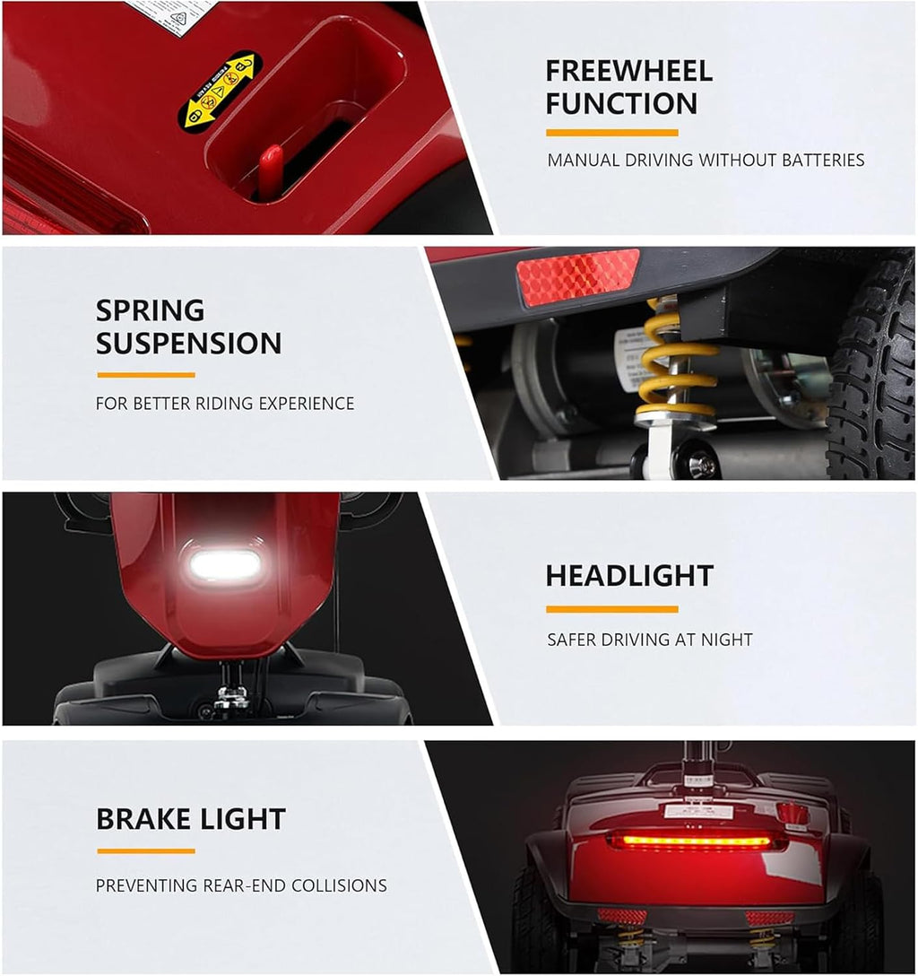 Mobility Scooters for Seniors & Adults 400 Lb Weight All Terrain,Heavy Duty 4 Wheel Foldable Powered Scooter,Portable Disability Mobile Electric Wheelchair,Luxury Seat and w/Led Lights,red