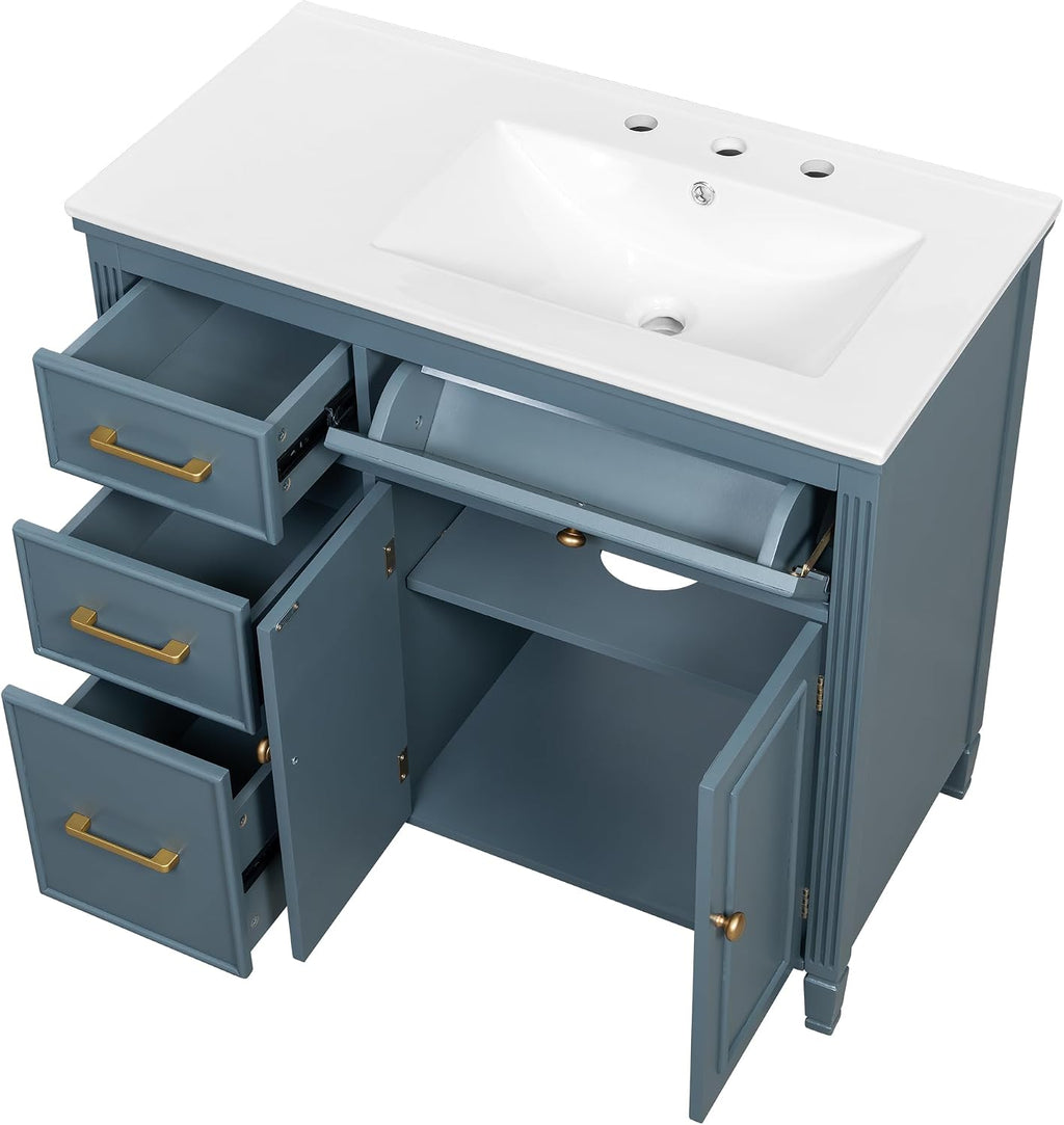 36' Bathroom Vanity with Ceramic Sink Set Combo, Tip-Out Drawer, Storage Cabinet Organizer with 2 Doors and Adjustable Shelf, Gray Blue