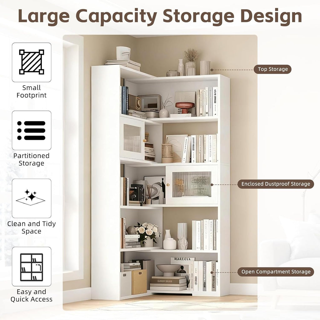 2-in-1 Expandable Bookshelf, Adjustable Width Bookcase with Sliding Doors, Freestanding Corner or Standard Shelf Organizer, Tall Storage Display Unit for Living Room, Bedroom, Office