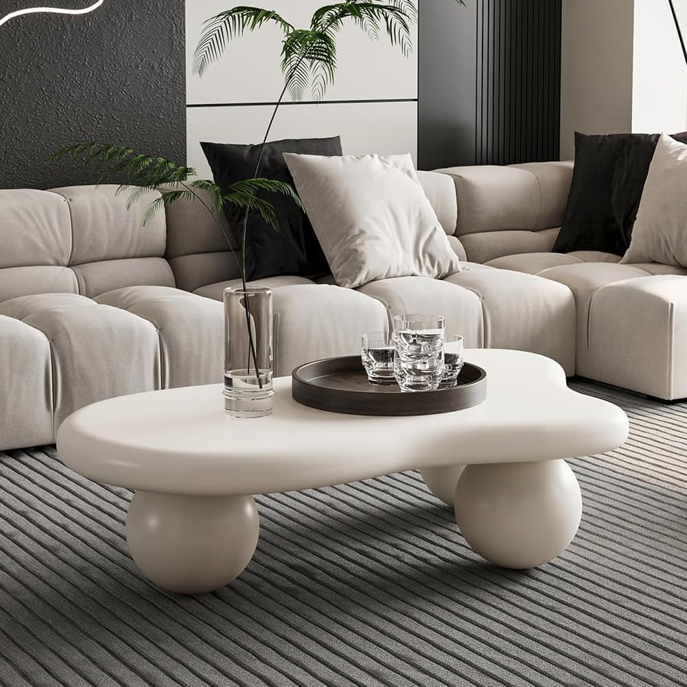40' Irregular Cloud Coffee Table Asymmetrical Tea Table Low Coffee Table Unique Center Tables with 3 Ball Legs for Living Room Office Apartment Modern Furniture Cream White