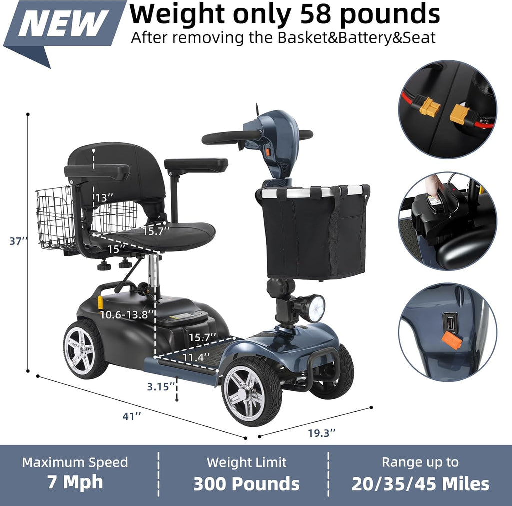 20 Miles 4 Wheels Mobility Scooter for Seniors/Adults Up to 300LBS,350W Electric Wheelchair Detachable Lithium Battery,Dual Baskets,Rotating Seat,with Taillight, USB Charging, Gray 18AH