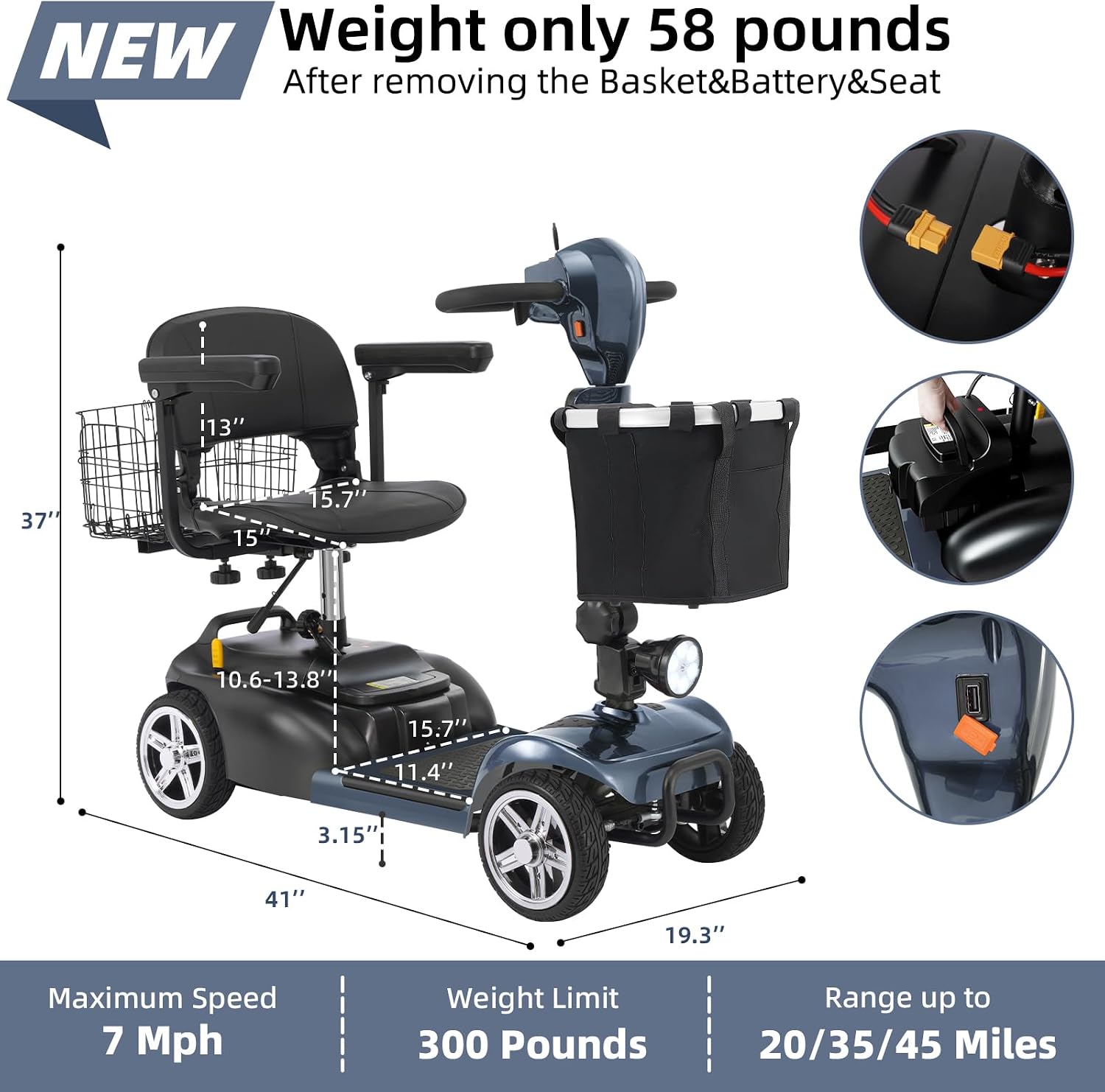 20 Miles 4 Wheels Mobility Scooter for Seniors/Adults Up to 300LBS,350W Electric Wheelchair Detachable Lithium Battery,Dual Baskets,Rotating Seat,with Taillight, USB Charging, Gray 18AH