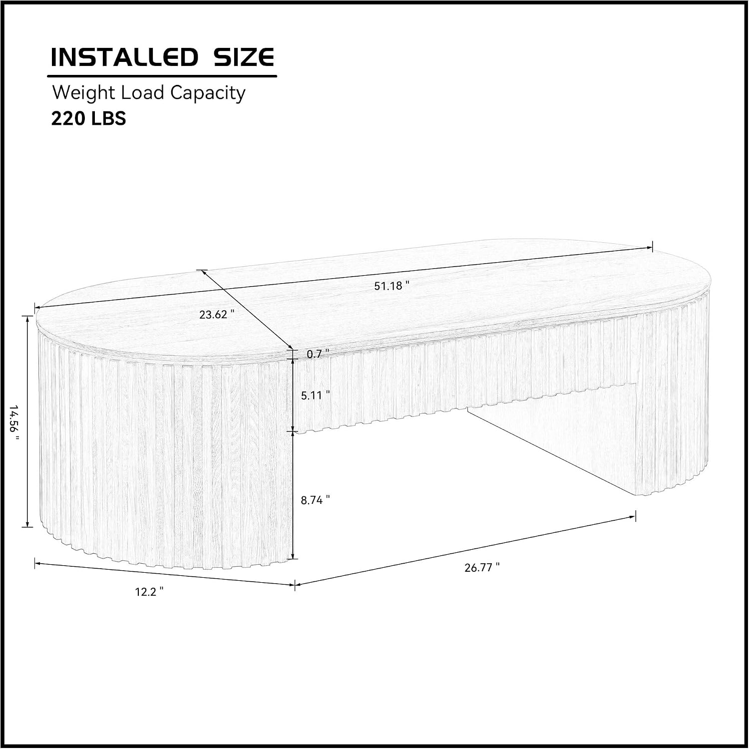 Oak Oval Coffee Table with Storage for Living Room 51.18' Wooden Fluted Coffee Table with Drawer Modern Handcrafted Centre Table Easy Assembly
