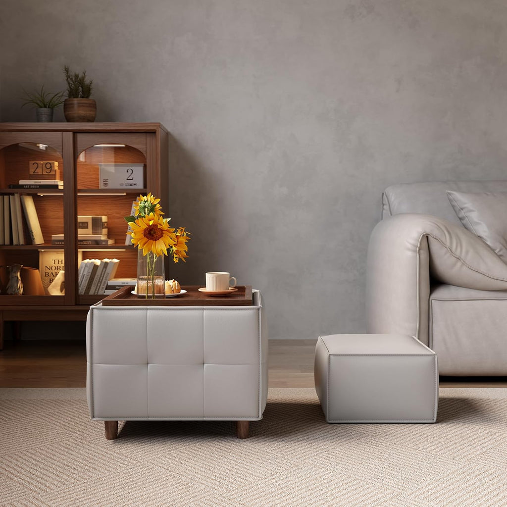 Square Ottoman with Storage Set of 2, Leather Coffee Table Ottoman, Multifunctional Foot Rest Stool with Storage for Living Room & Bedroom