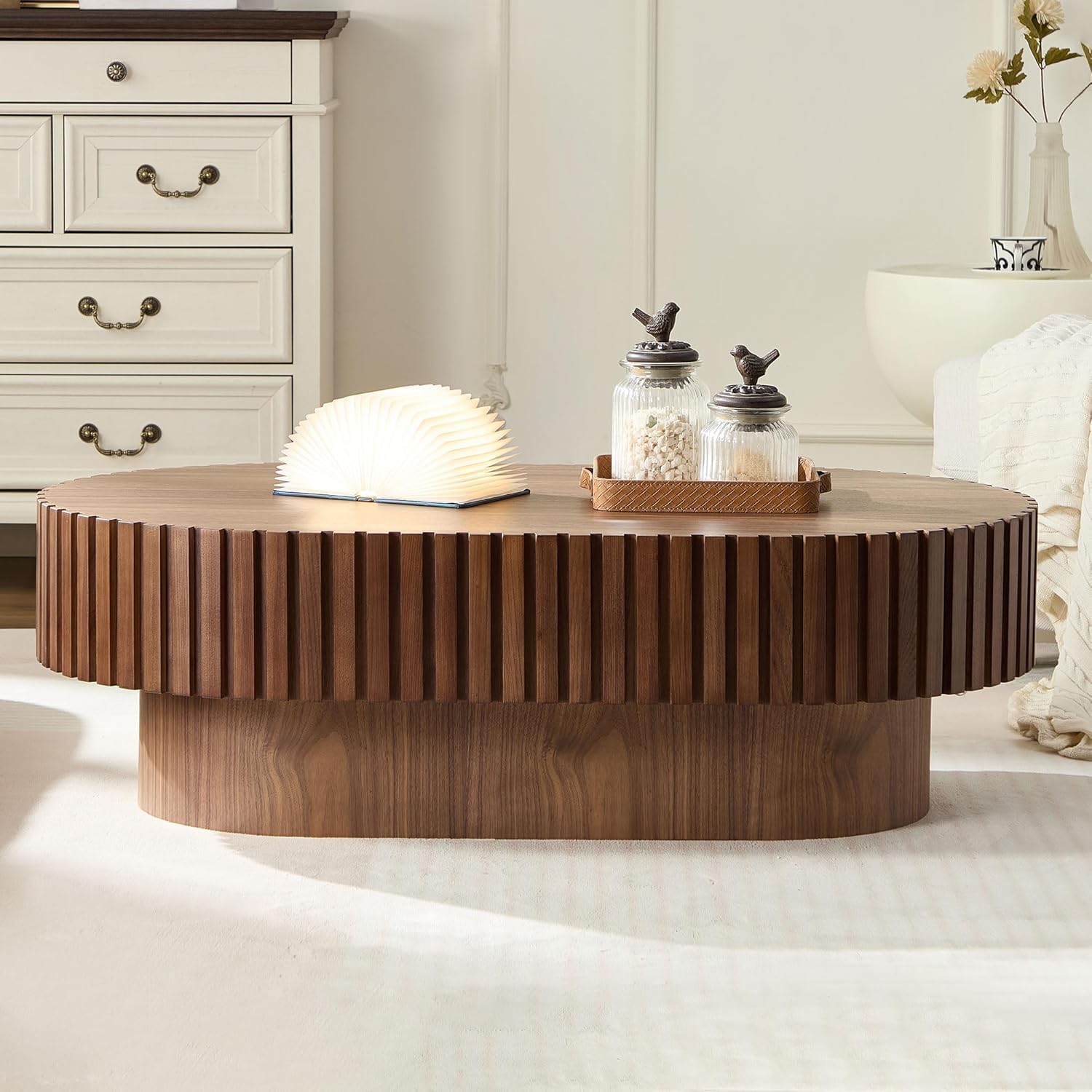 Oval Coffee Table for Living Room Fluted Coffee Table Mid Century Modern Center Table Wood Tea Table with Pedestal Home Furniture Office Apartment Easy Assembly 43.7' Walnut
