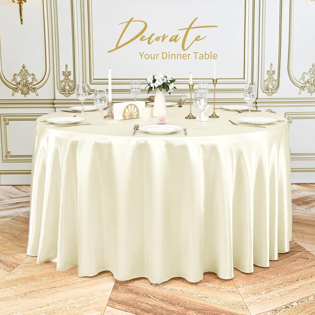 Pesonlook 12 Pack Ivory Round Tablecloth, 120 Inch Satin Fabric Table Cloth for Round Table, Wrinkle Resistant Washable Table Cover Bright Silk Table Clothes for Wedding Party Dining Table Banquet