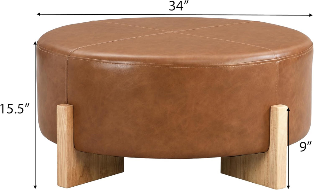 Merax 34'' Cocktail Round Ottoman, Modern Ottoman Coffee Table with Removable Top，Leather Ottoman for Living Room, Bedroom, Office,Brown