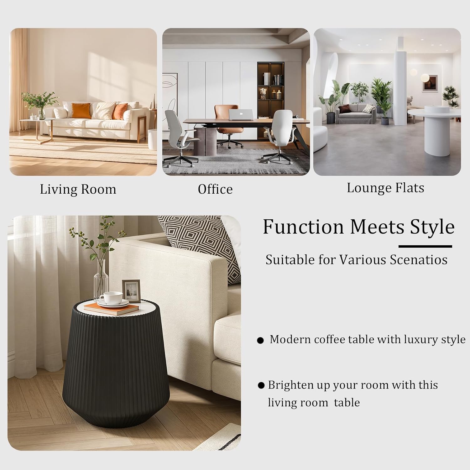 Black Round Coffee Table with Sintered Stone Tabletop, 17.71' Drum Coffee Table with Fluted PU Leather Covered and Stable Base, Circle Cocktail Tea Table for Living Room