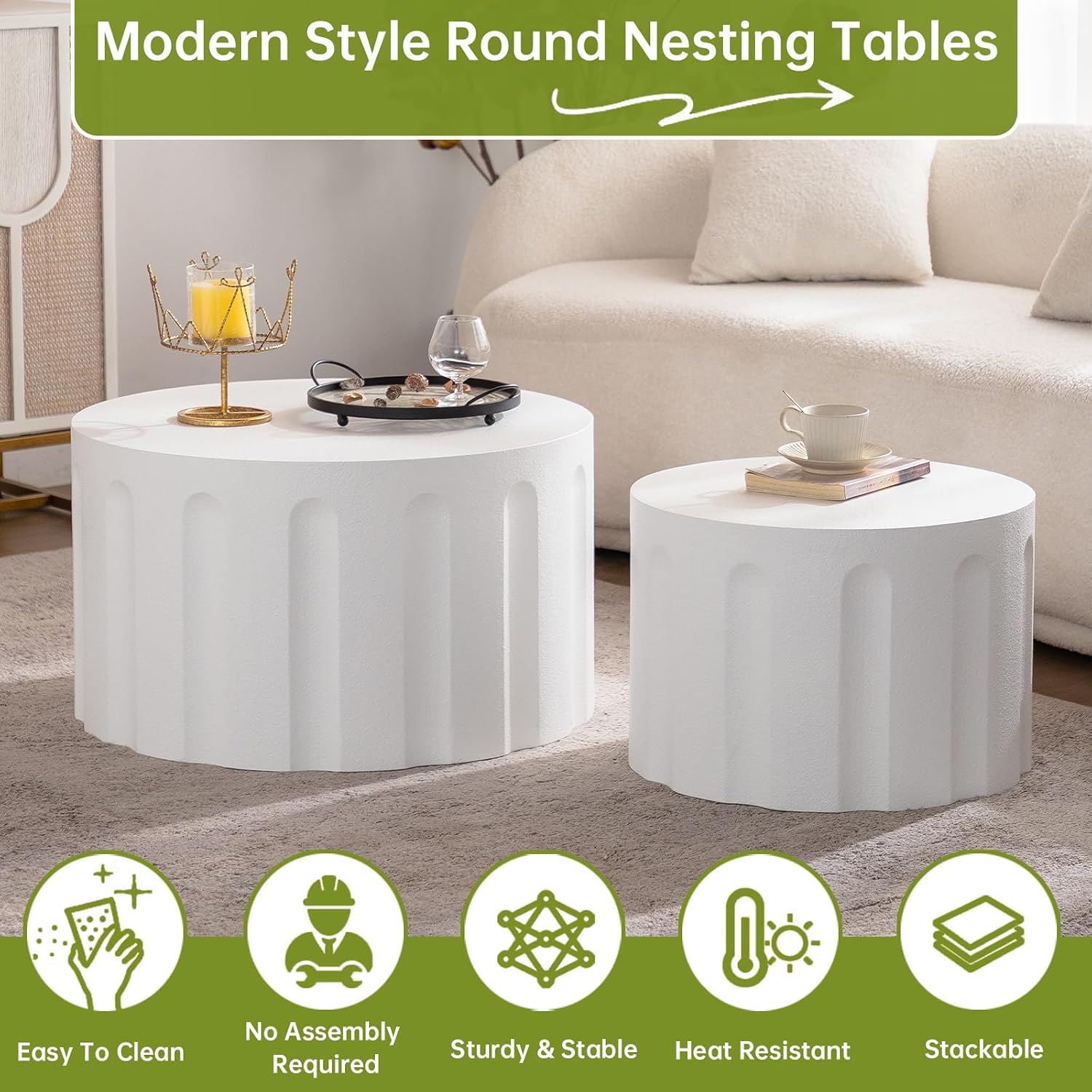 Round Nesting Coffee Table Modern White Fluted Coffee Table Set of 2 Stripe Round Coffee Tables Drum Crescent Side Table Accent End Table for Living Room (White D Large)