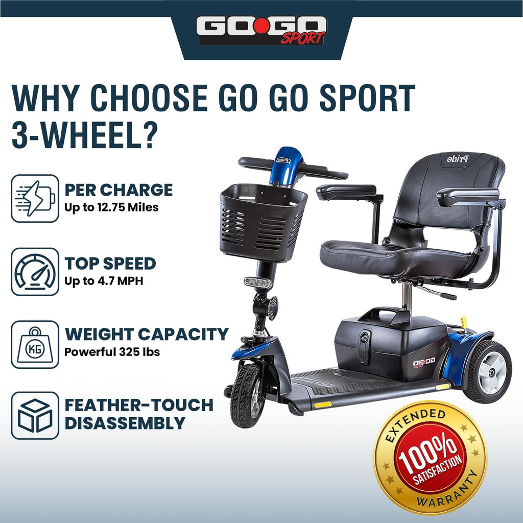Go Go Sport 3 Wheel + Accessories Compatible with Pride Mobility Go Go Scooters, Adults & Elderly, Enhanced Stability and Comfort, Compact Design, Portable Scooter, 18 AH Battery, Warranty