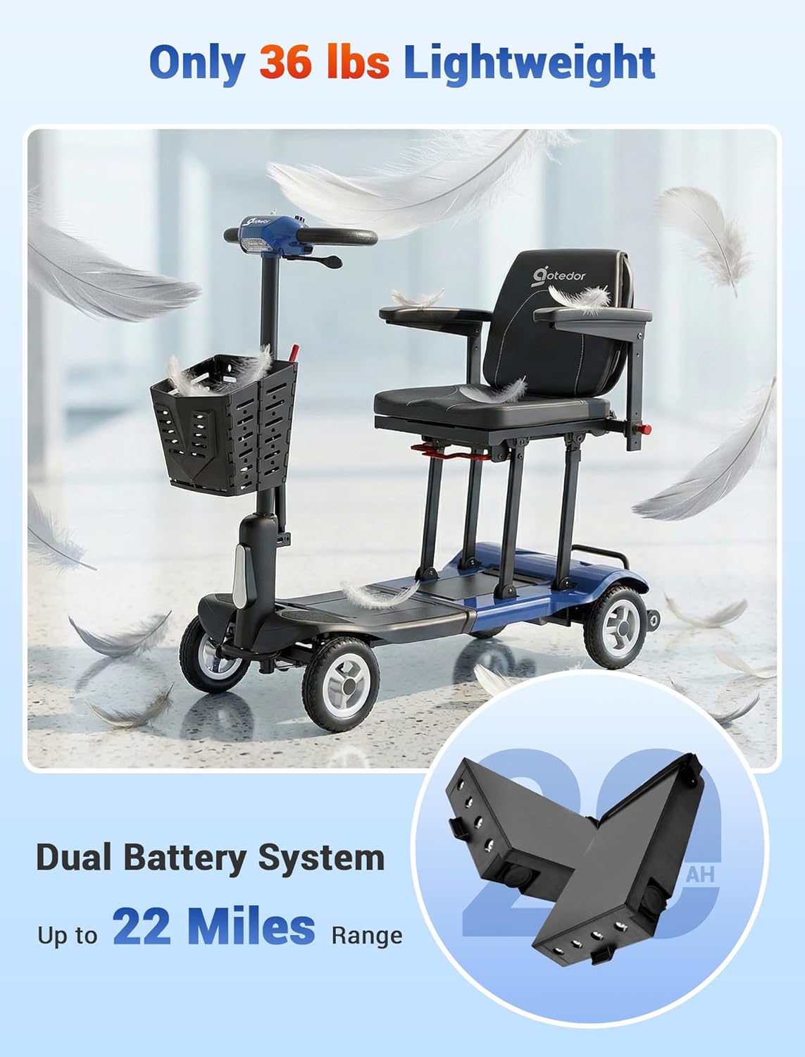 Aotedor Ultra Lightweight Mobility Scooter for Adults, 36 lbs Foldable Electric Scooter with Dual Lithium Batteries, 22 Miles Range Portable Travel Scooter for Seniors, Airline Approved